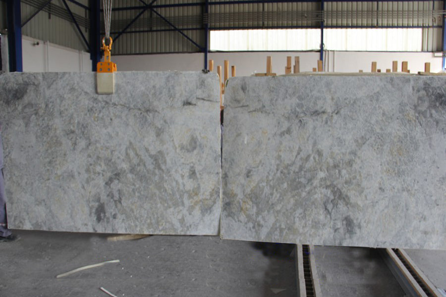Silver marble with warm veining slabs book matched