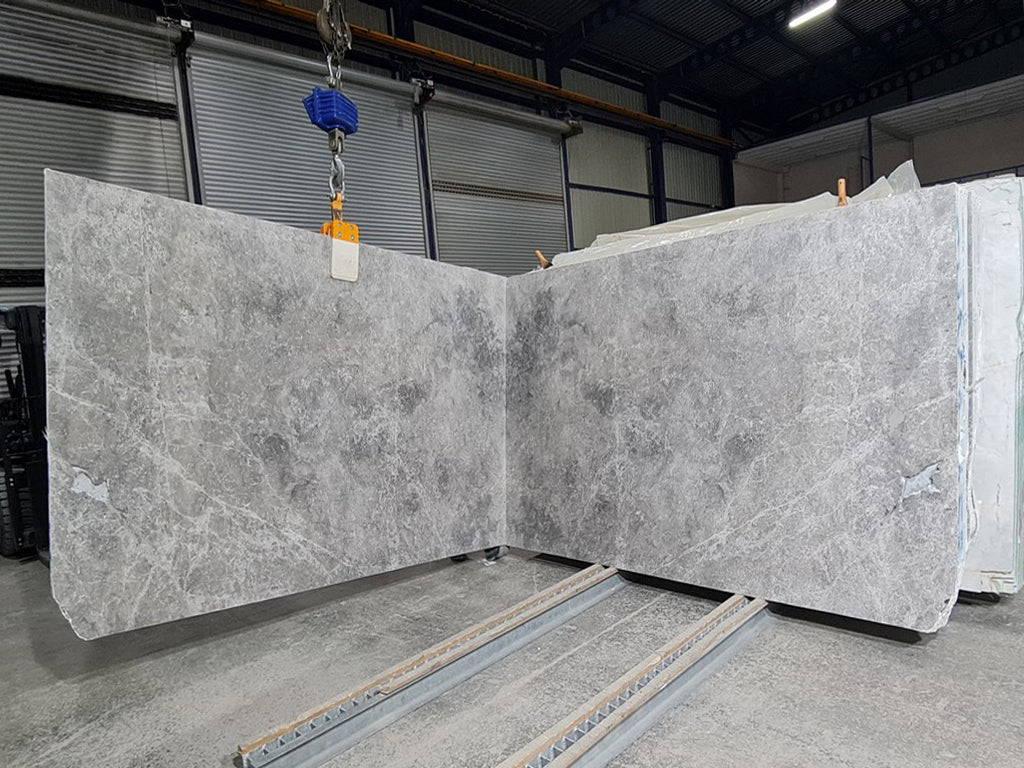 Gray marble with white veining slabs book matched