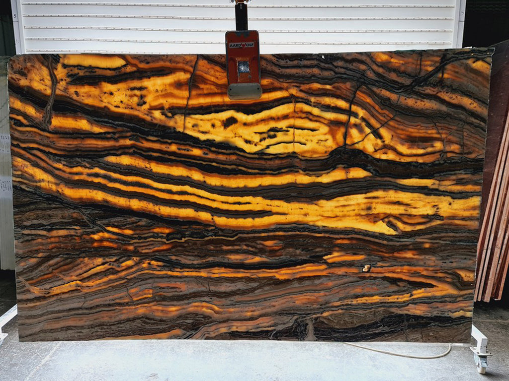 Beige Onyx with black and brown veining slab back lit