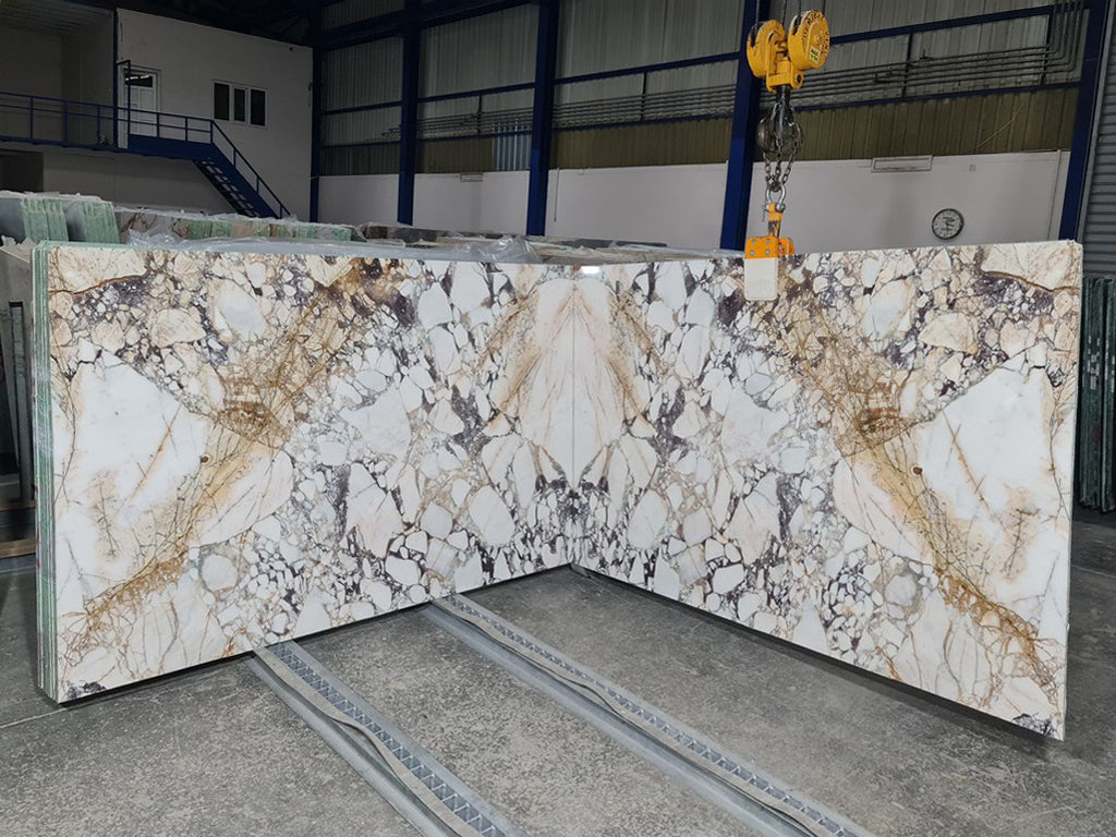 White marble with purple veining slabs book matched