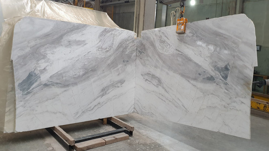 Warm gray marble with veining slabs book matched