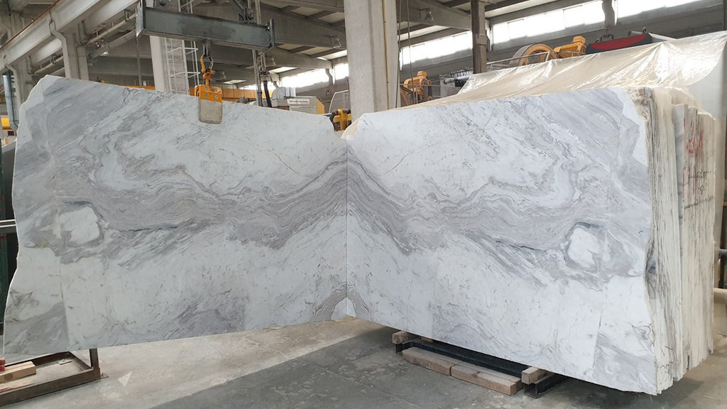 Warm gray marble with veining slabs book matched