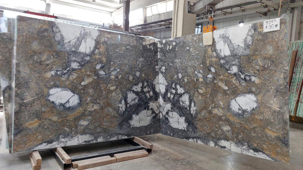 Marble with gray, blue and brown textures slabs book matched