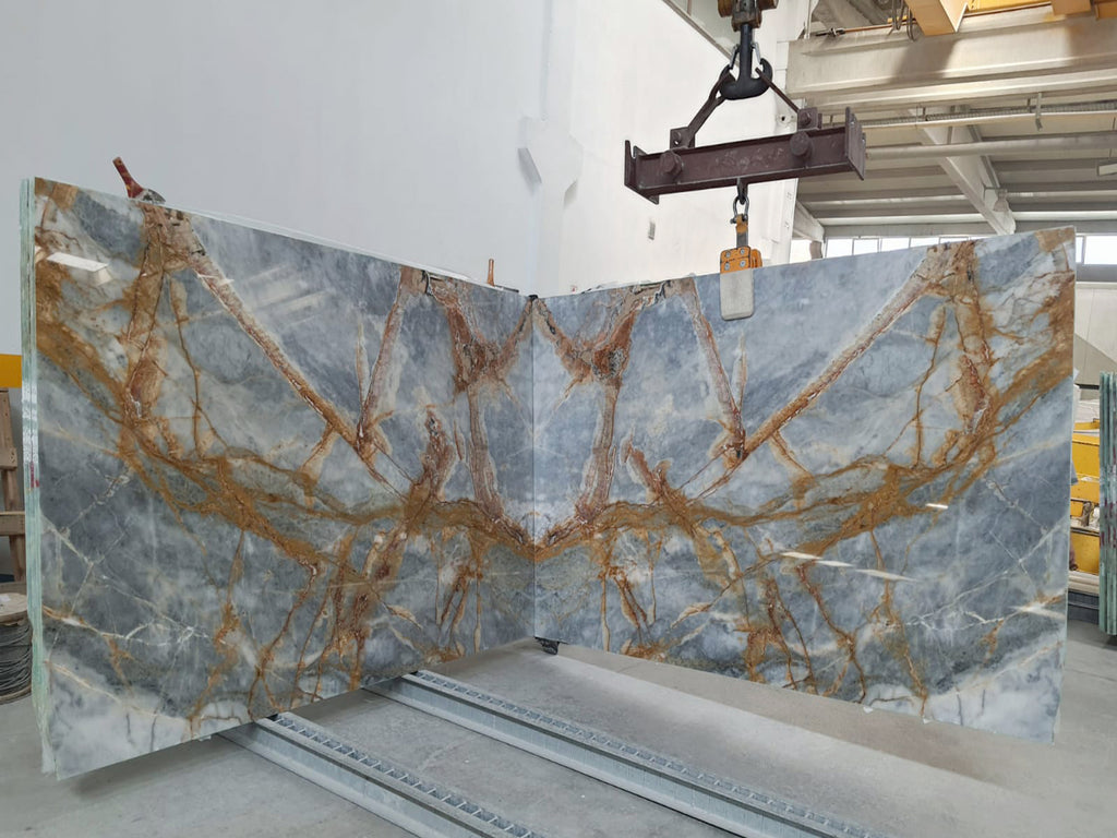 Blue Marble with orange veining book matched