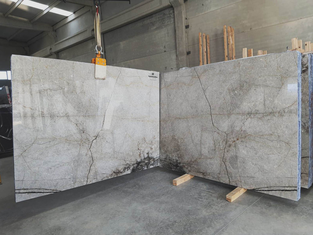 Gray marble with light veining slabs book matched