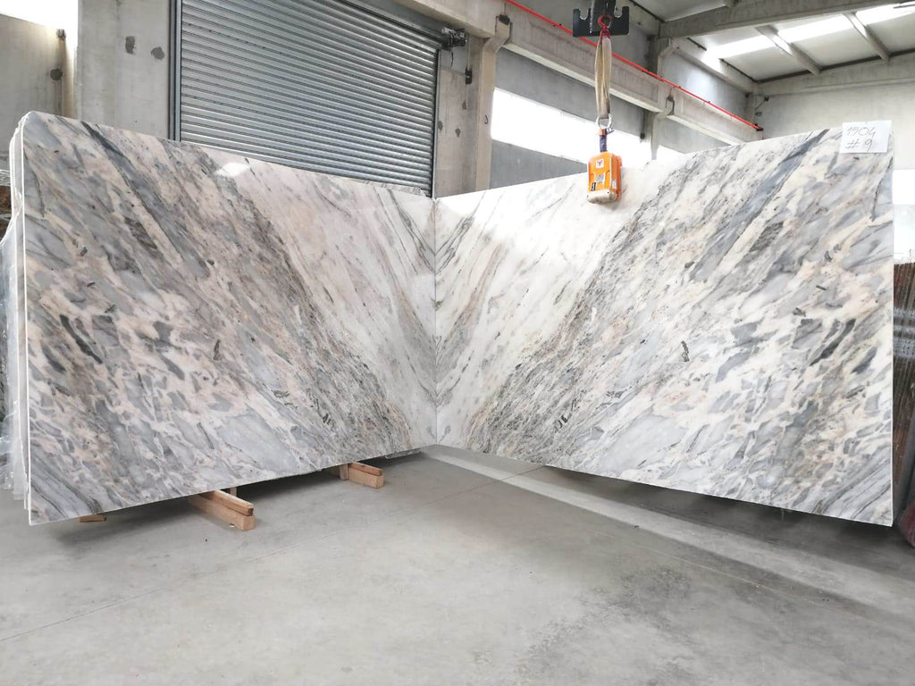 White and gray marble with veining slabs book matched