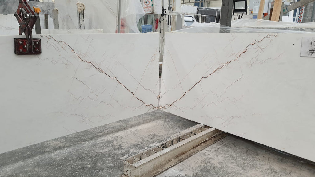 White Marble with red veining slab book matched