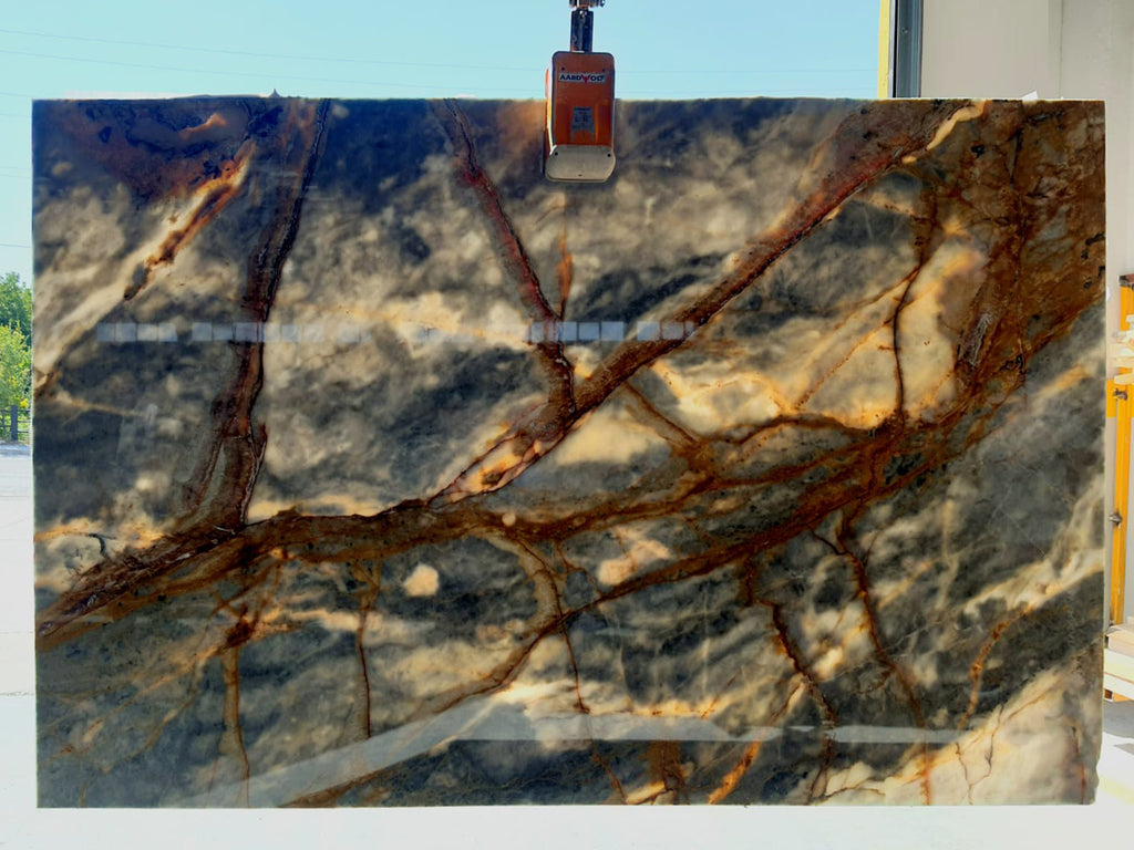 Blue Marble with orange veining back lit slab